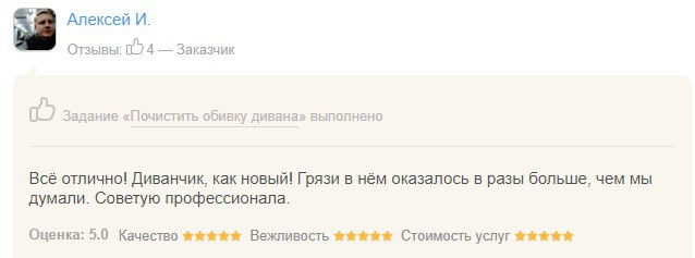 Зарема И.           Анна — настоящий мастер своего дела! Мой диван за пол часа стал как новый! Безмерно благодарна компании Х-чистка! Всем рекомендую